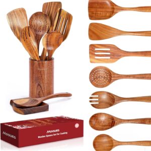 9 Piece Wooden Spoons for Cooking, Teak Wooden Kitchen Utensils Set