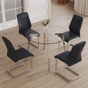 Round Dining Table Set for 4,with Black Faux Leather Chairs